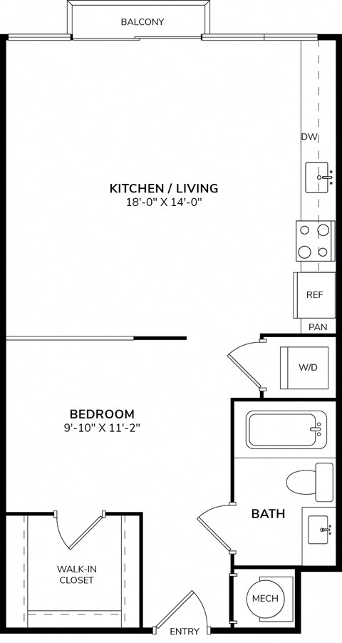 Floor plan for studio, 1 bath, 589 sqft